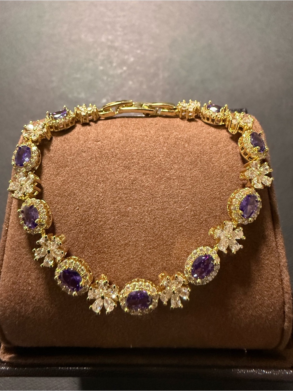 New 14k Gold Plated Bracelet with Purple Gemstones and Crystal Accents